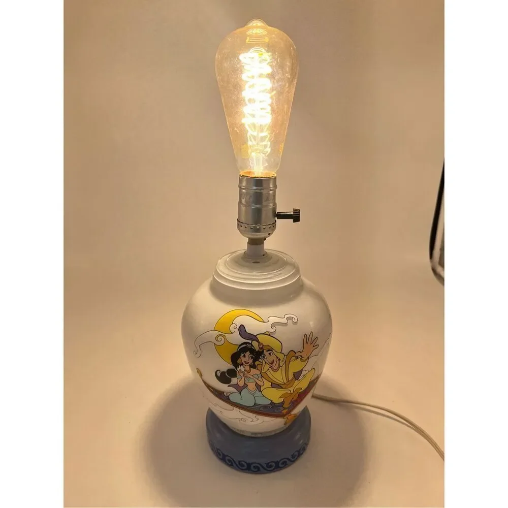 vintage Disney Aladdin & Jasmine Genie Milk Glass Lamp Red Light Night Light 90s